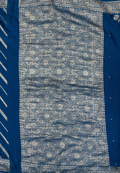 Chinon Silk Saree-Peacock Blue with Antique Floral Border