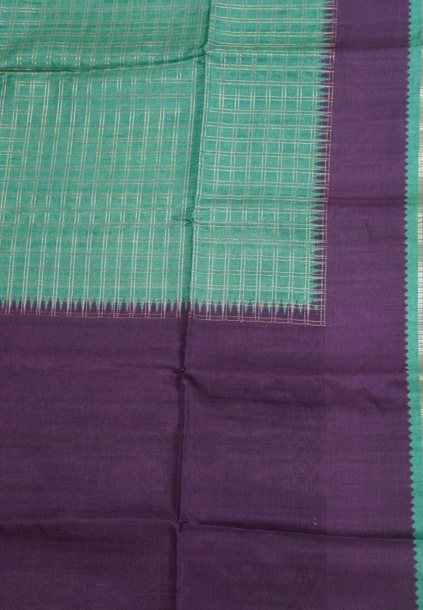 Semi Matka Tussar Saree-Green with Contrast Border and Zari Checks