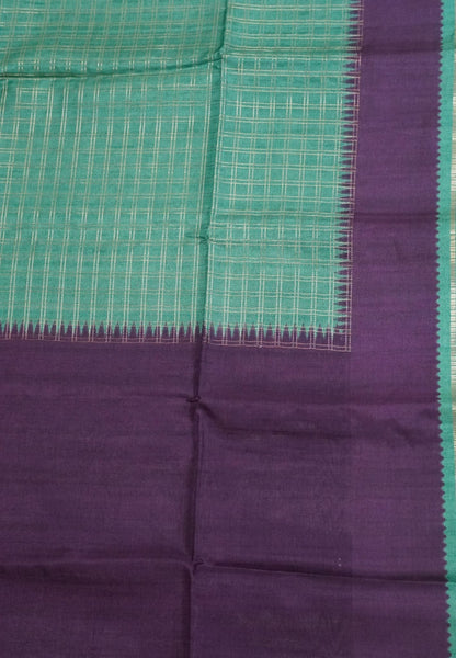 Semi Matka Tussar Saree-Green with Contrast Border and Zari Checks