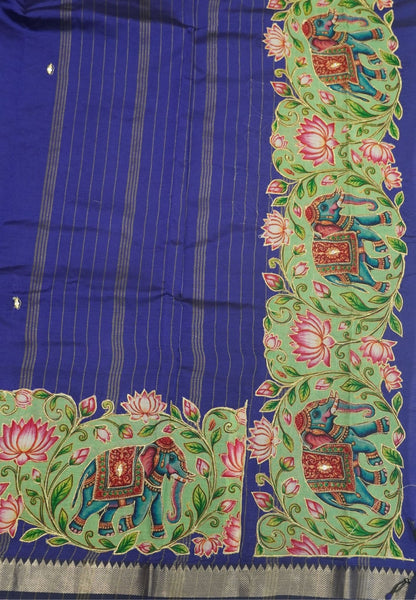 Pure Mangalgiri Silk Saree-Violet in Tanjore Print with Aplique Work
