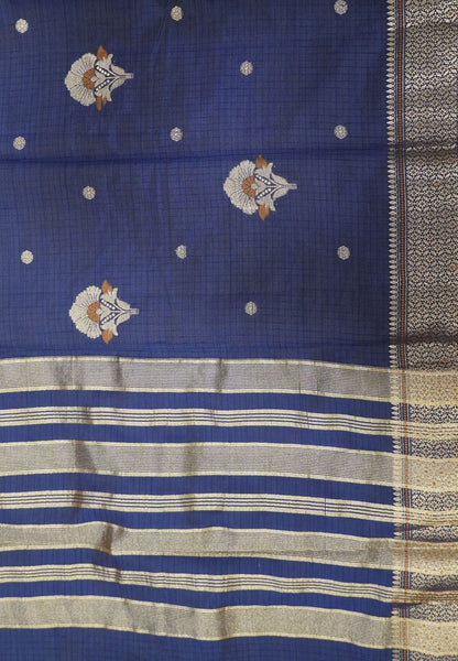 Semi Tussar Saree-Navy Blue with Floral Zari Motif