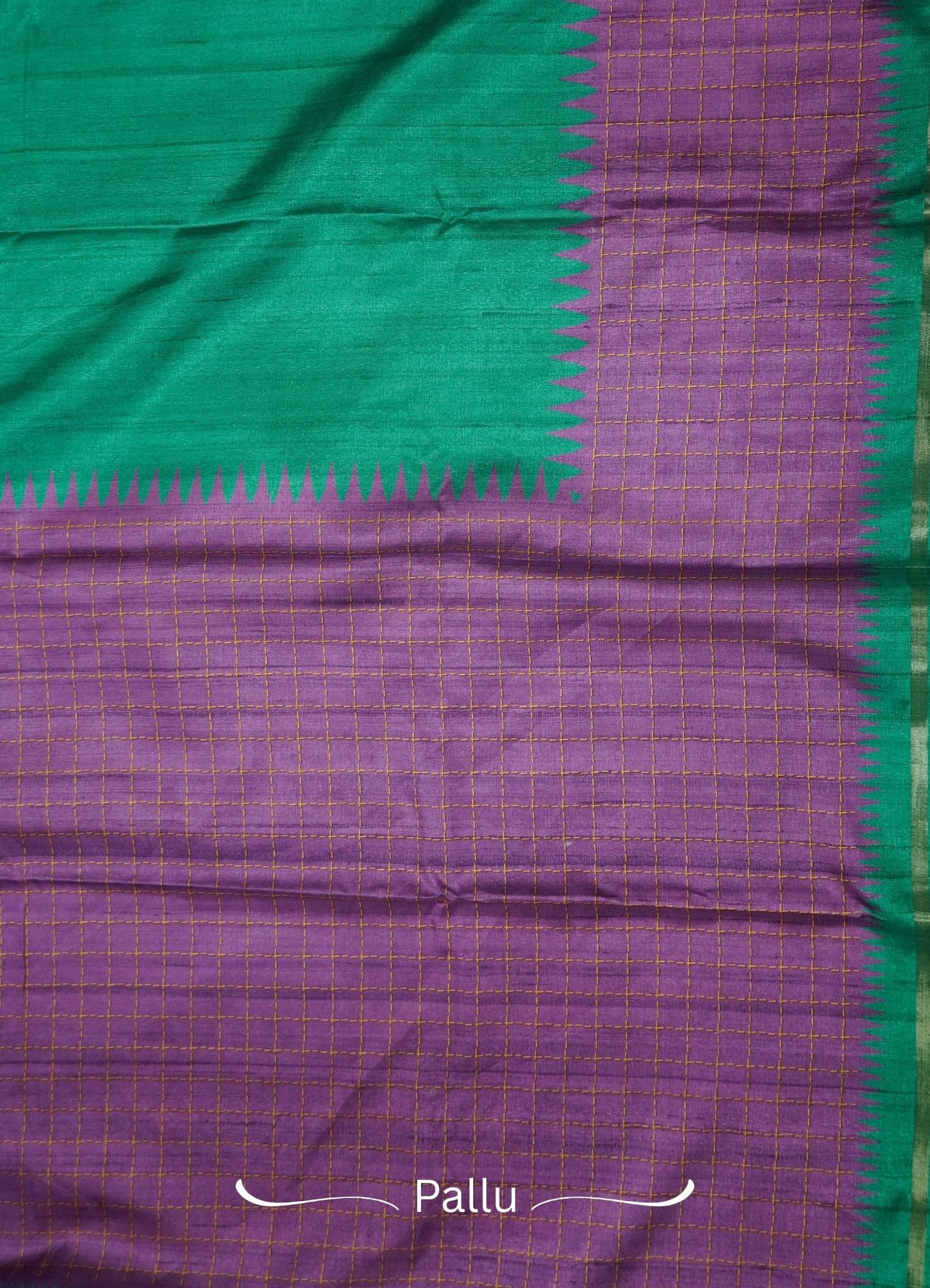 Semi Tussar Saree –  Green & Purple Checks Design