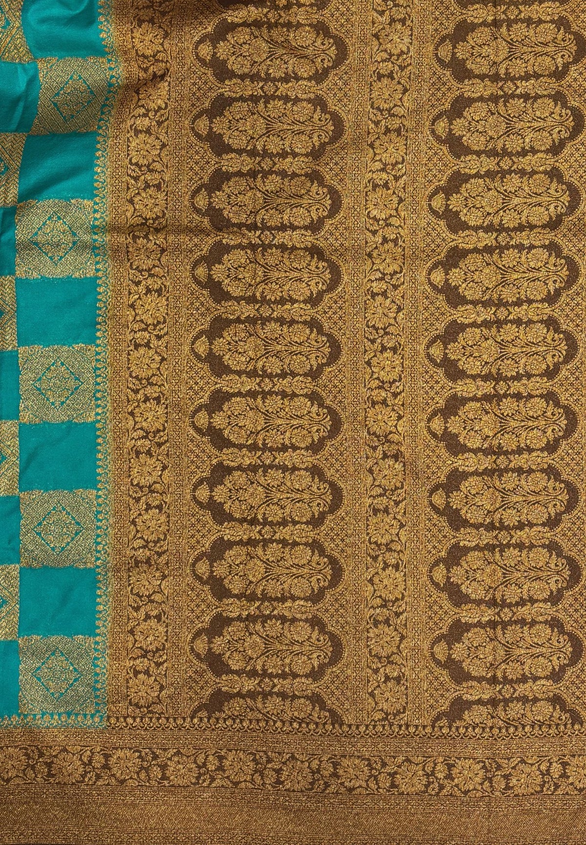 Banarasi Crepe Saree-Ramar Blue In Square Check Brocade With Contrast Border