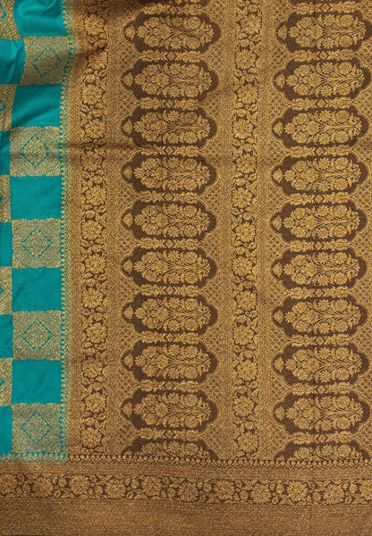 Banarasi Crepe Saree-Ramar Blue In Square Check Brocade With Contrast Border