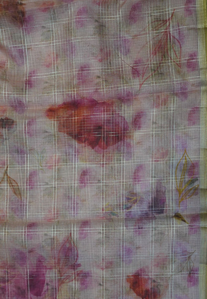 Linen Kota Saree - Light Pink with Floral Prints