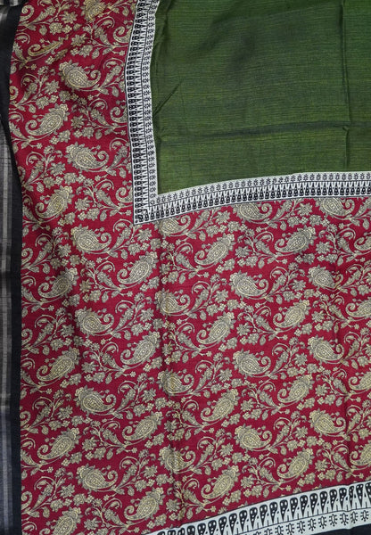 Jute Tussar Saree - Olive Green & Maroon with Floral Print