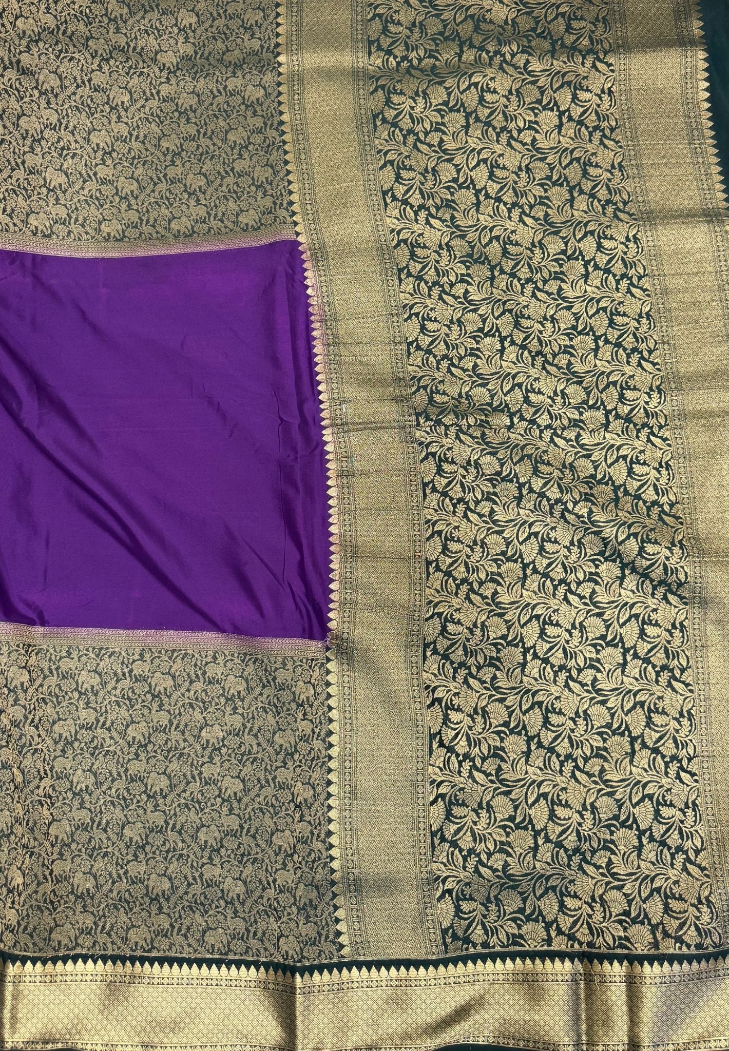 Art Mysore Silk Saree-Violet-Green-Black In Floral Zari With Contrast Border