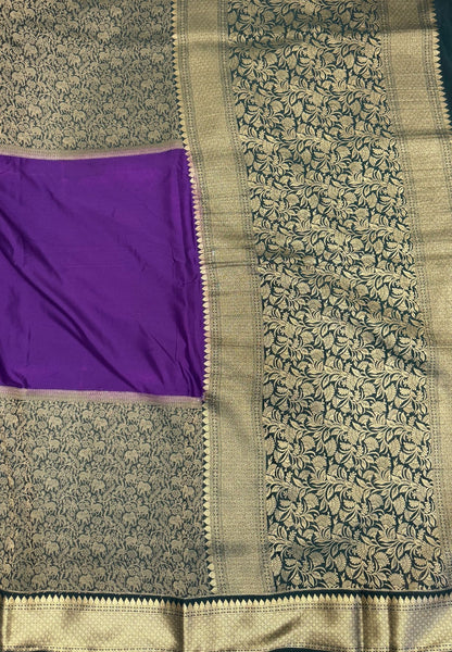 Art Mysore Silk Saree-Violet-Green-Black In Floral Zari With Contrast Border