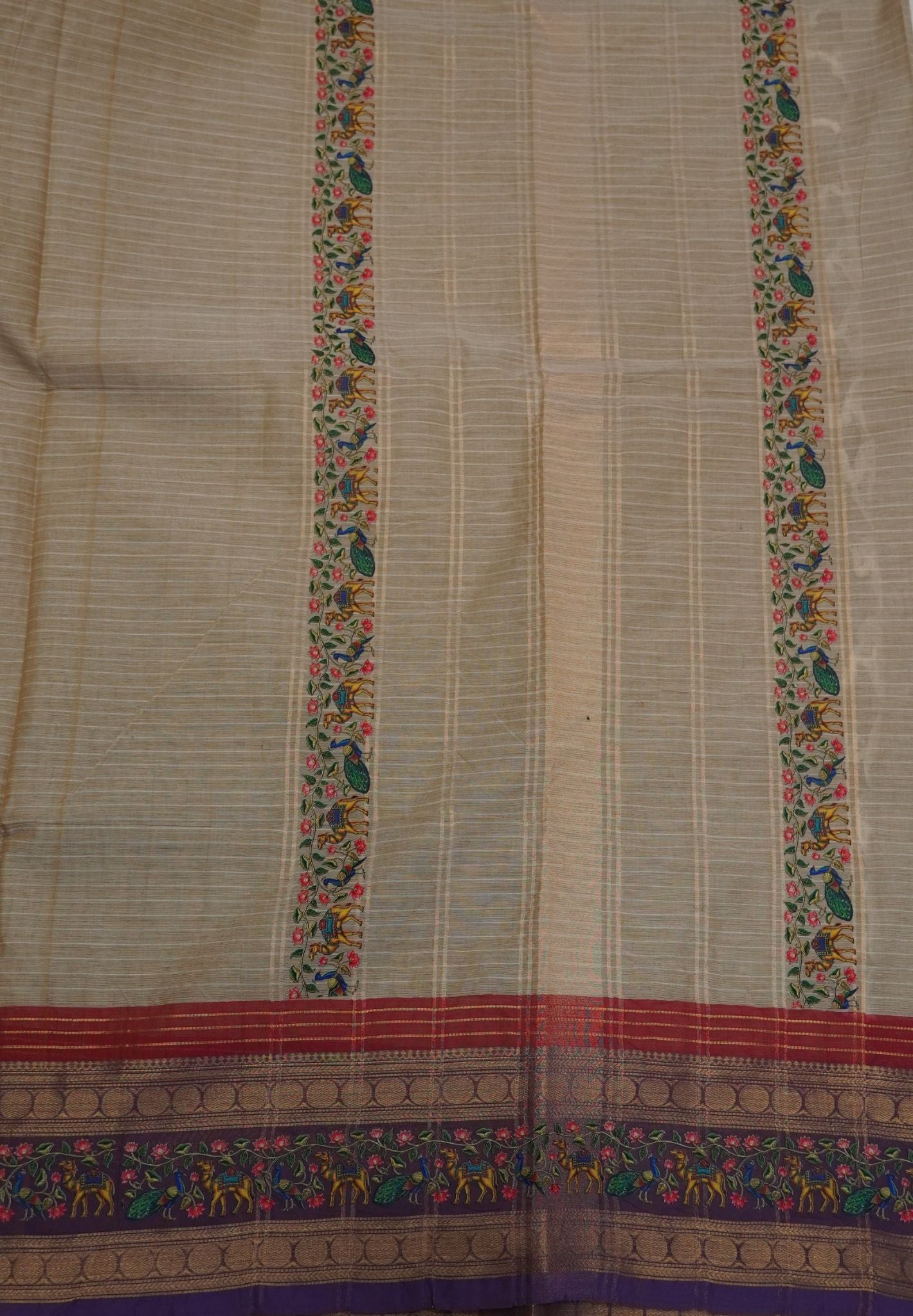 Chettinad Cotton Saree- Beige with Camel Tanjore Print