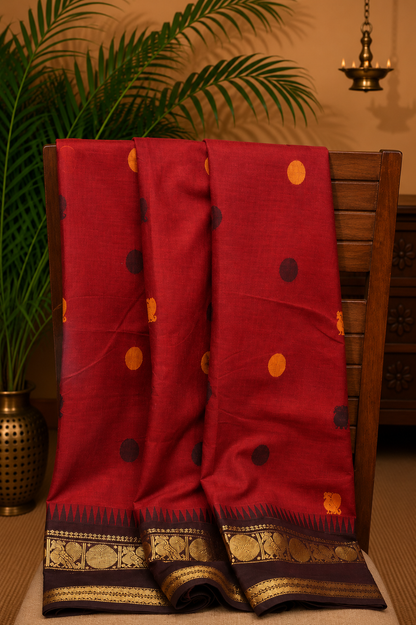 Chettinad Cotton Saree–Maroon-Brown with Heritage Zari Border
