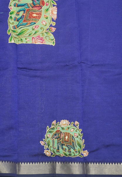 Pure Mangalgiri Silk Saree-Violet in Tanjore Print with Aplique Work