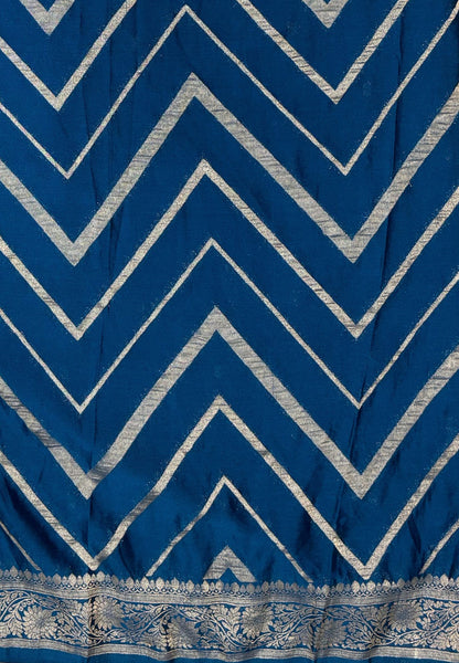 Chinon Silk Saree-Peacock Blue with Antique Floral Border