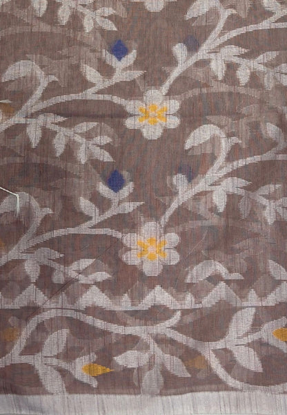 Dhakai Jamdhani Cotton Saree-Choco Brown In Floral Vine Zari Border