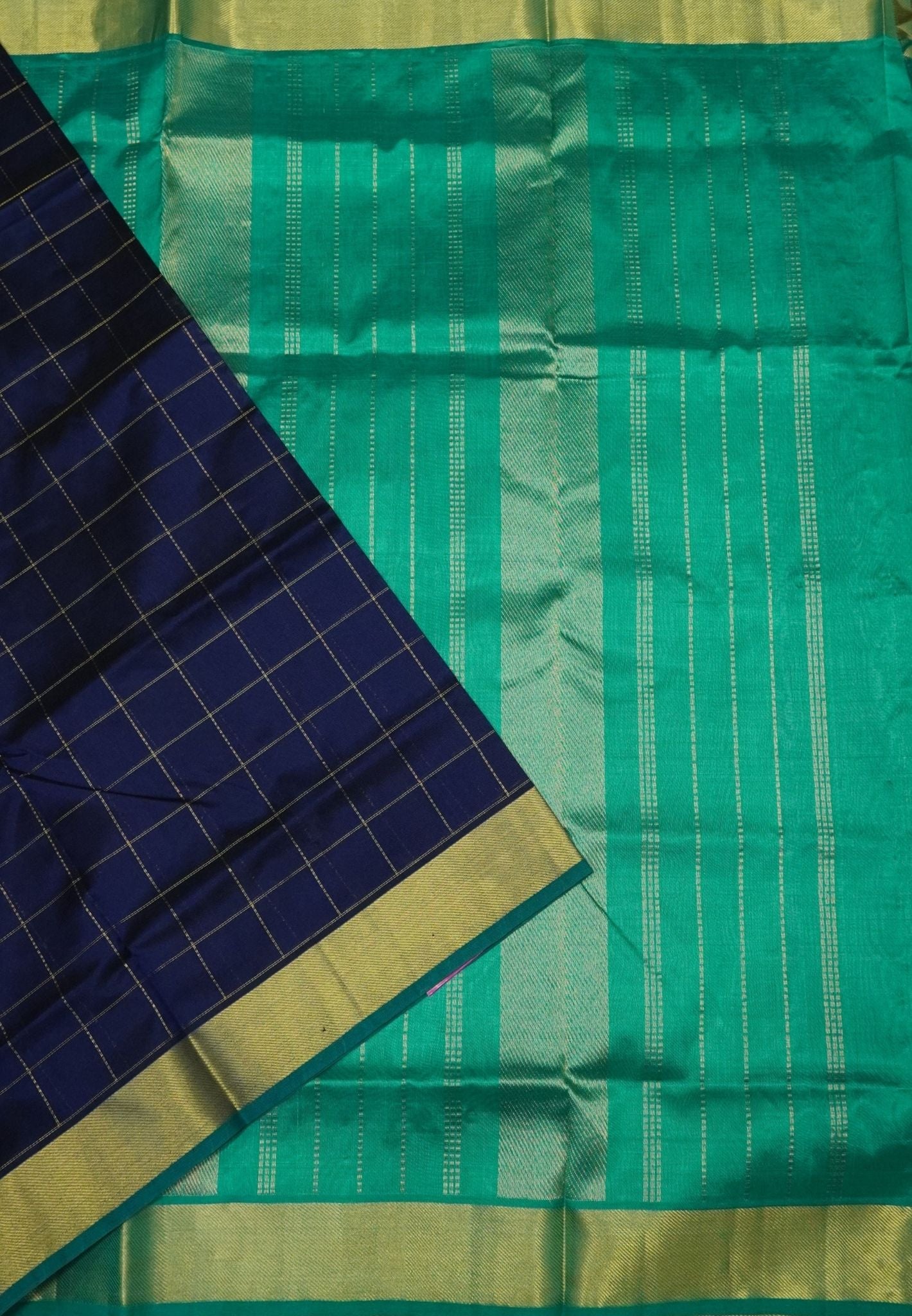Pure Silk Cotton Saree – Navy Blue in Big Zari Checks with Tissue Border