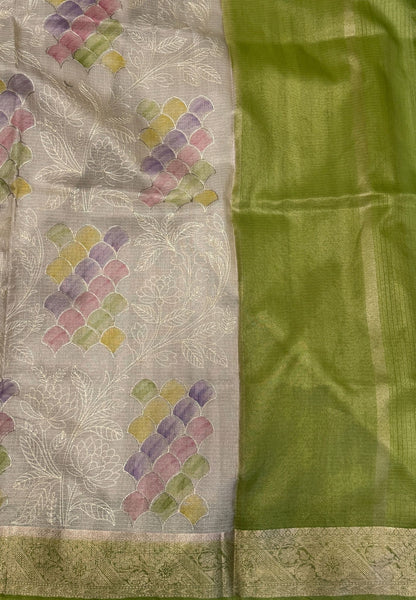 Kota Saree-Cream-Light Green In Floral Vine Zari Border