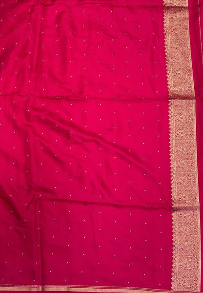 Gaji Silk Saree-Rani Pink in Paisley Jhumka Zari Border