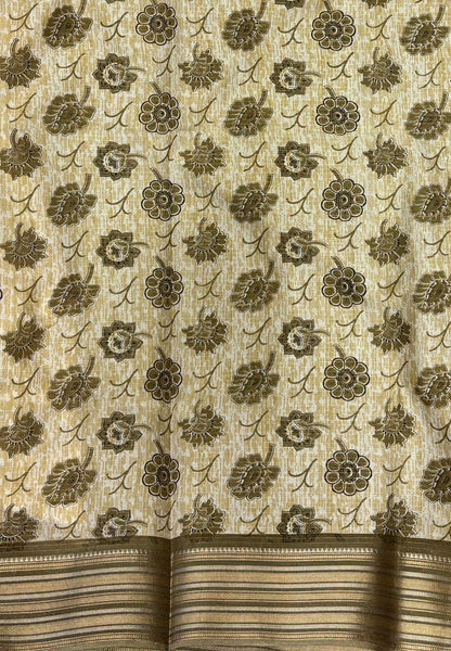 Muslin Tussar Saree-Olive Green In Floral Vine Border