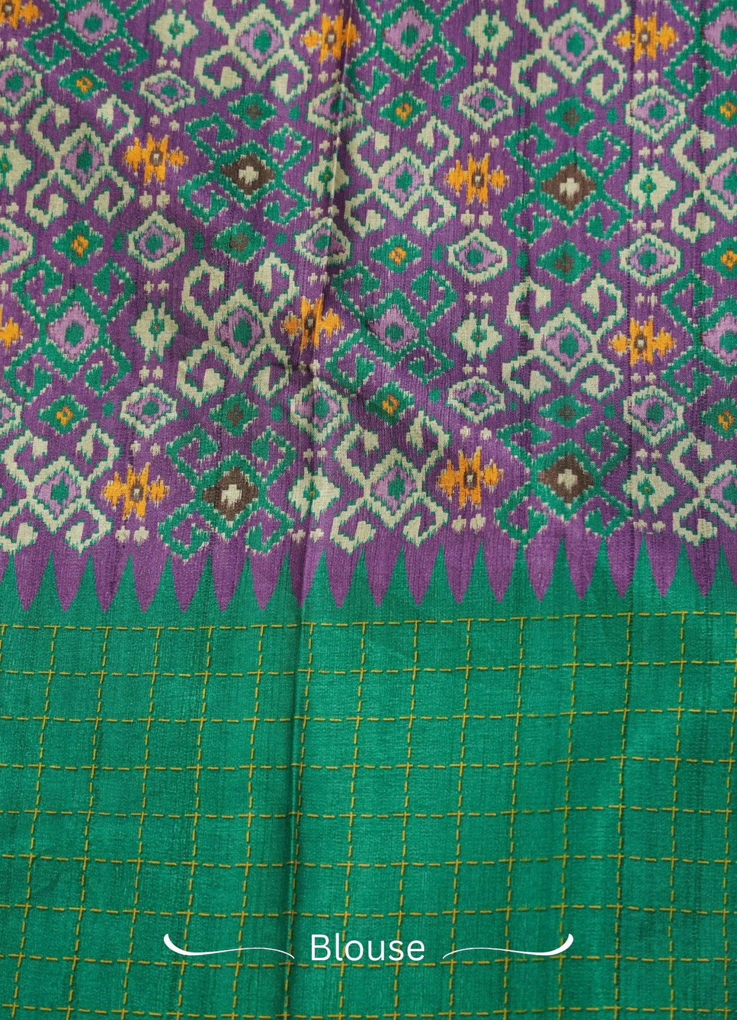 Semi Tussar Saree –  Green & Purple Checks Design