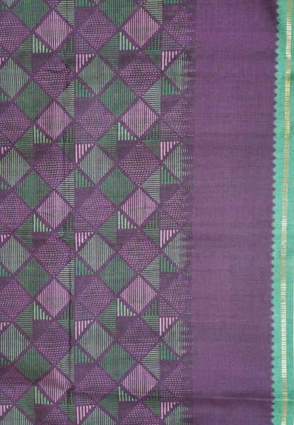 Semi Matka Tussar Saree-Green with Contrast Border and Zari Checks