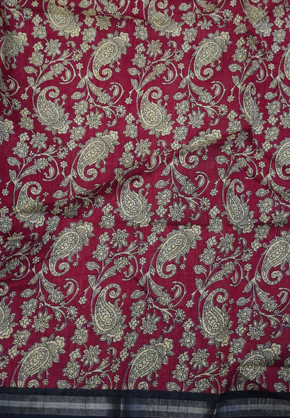 Jute Tussar Saree - Olive Green & Maroon with Floral Print