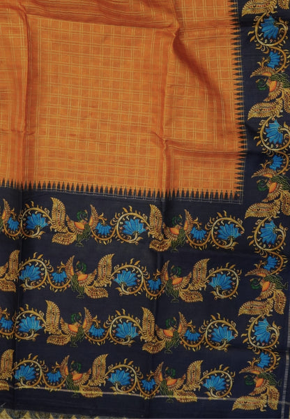 Premium Matka Tussar Saree-Orange with Contrast Border in Tanjore Print