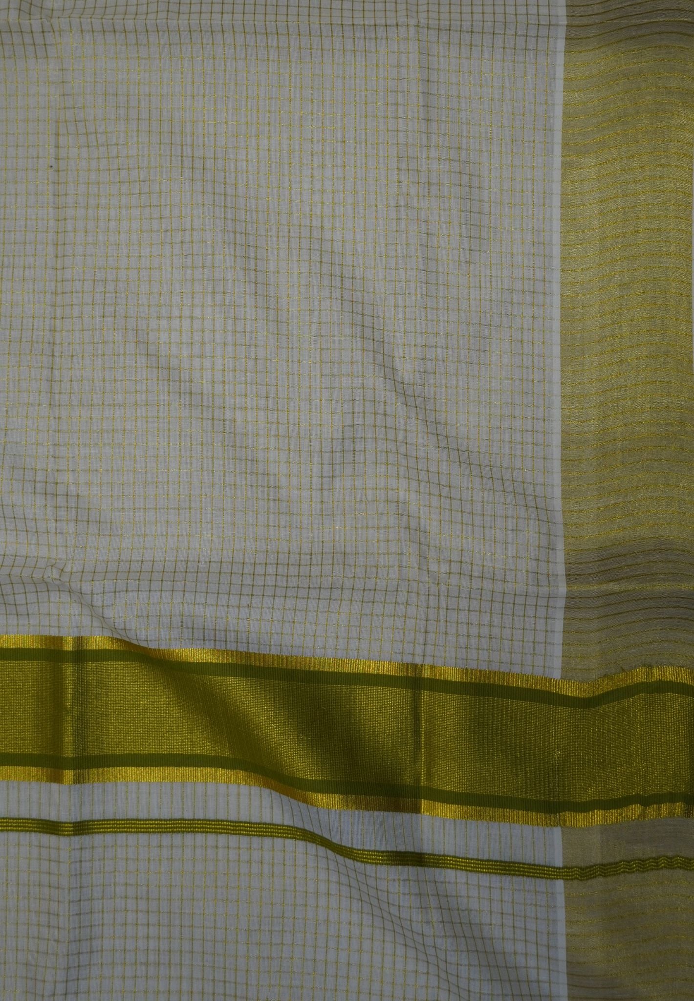 Cotton Saree – Off White with Micro Checks and Green Kasavu Border