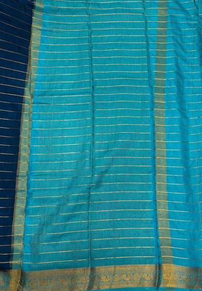 Semi Raw Silk Saree-Peacock Blue in Zari Lines with Contrast Annam Border
