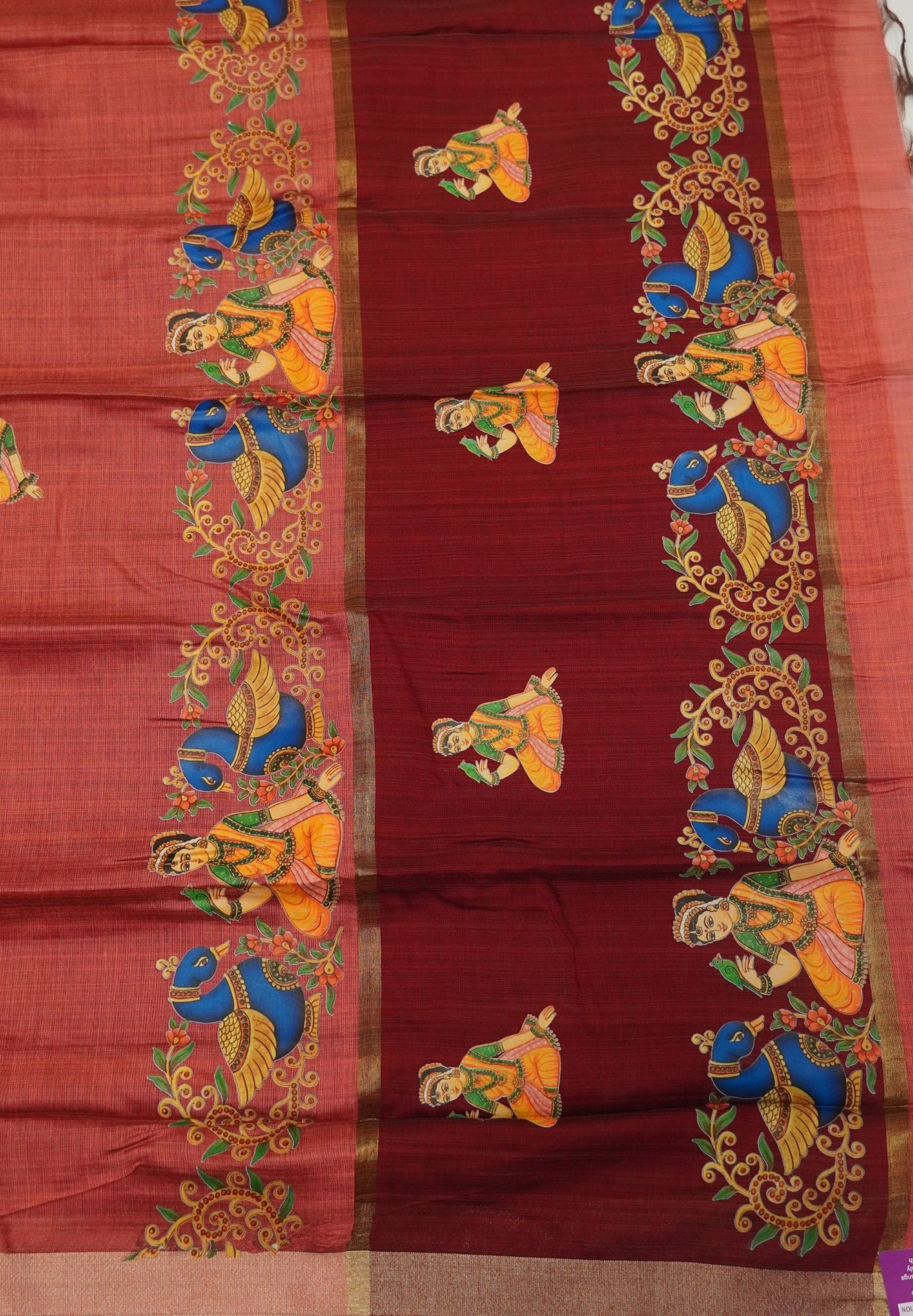 Cora Linen Saree-Dusky Peach with Thanjur Print