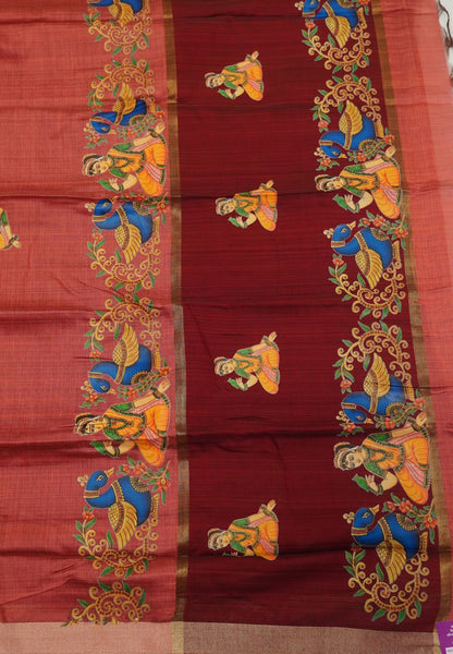 Cora Linen Saree-Dusky Peach with Thanjur Print