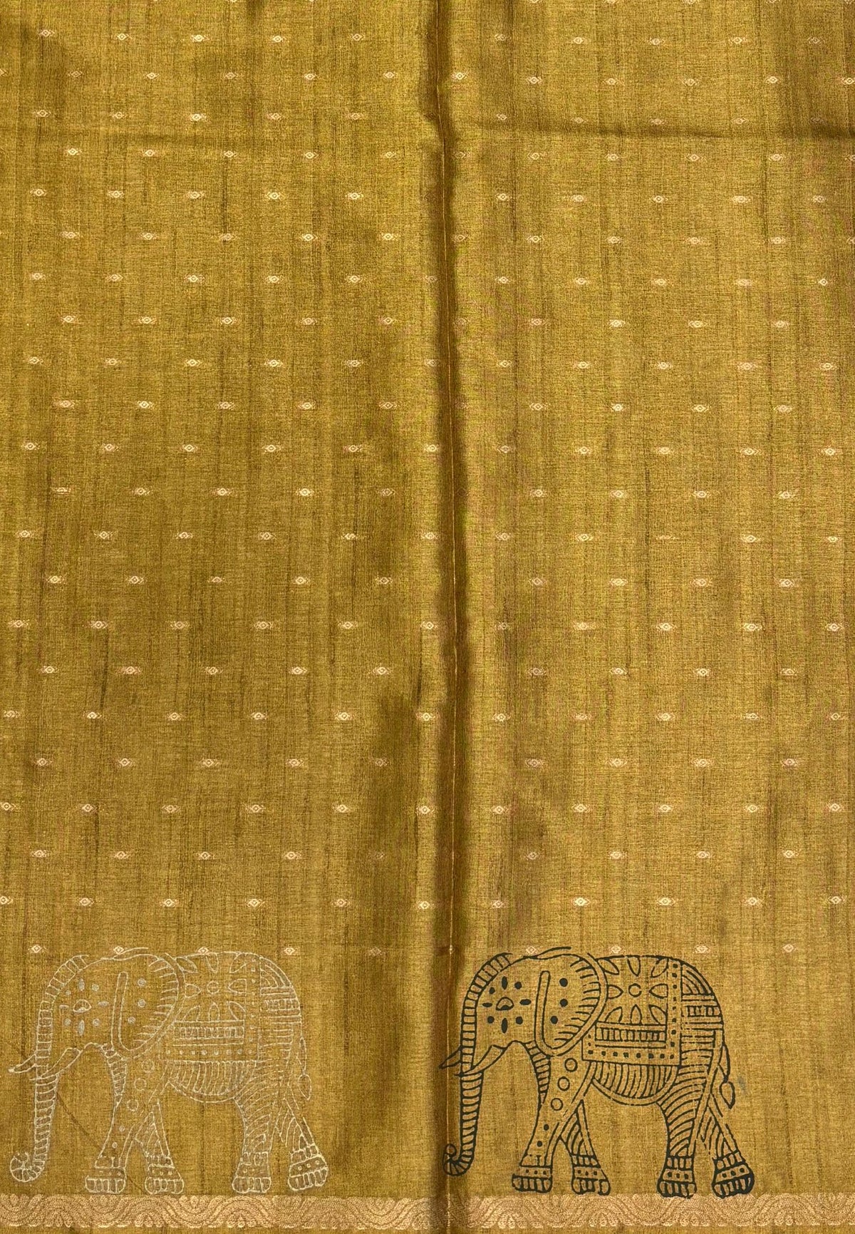 Semi Tussar Saree-Army Green in Traditional Elephant Motif Zari with Contrast Border