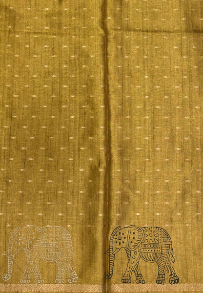 Semi Tussar Saree-Army Green in Traditional Elephant Motif Zari with Contrast Border