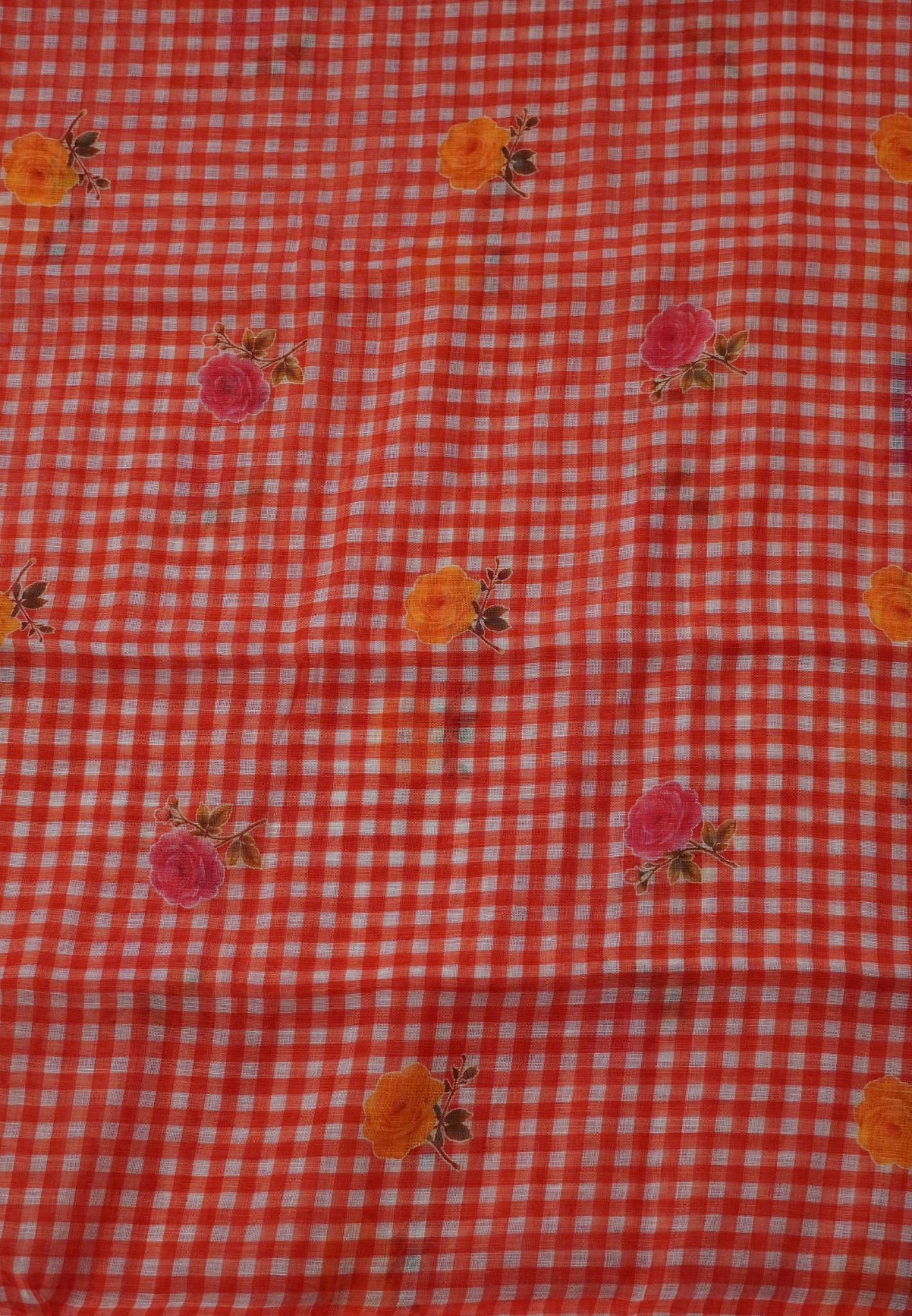 Linen Saree - Checks Red