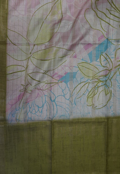 Korean Tussar Saree-Pastel Floral Artistic Weave-Green
