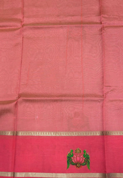 Pure Mangalgiri Silk Saree-Grey Temple with Tanjore Print