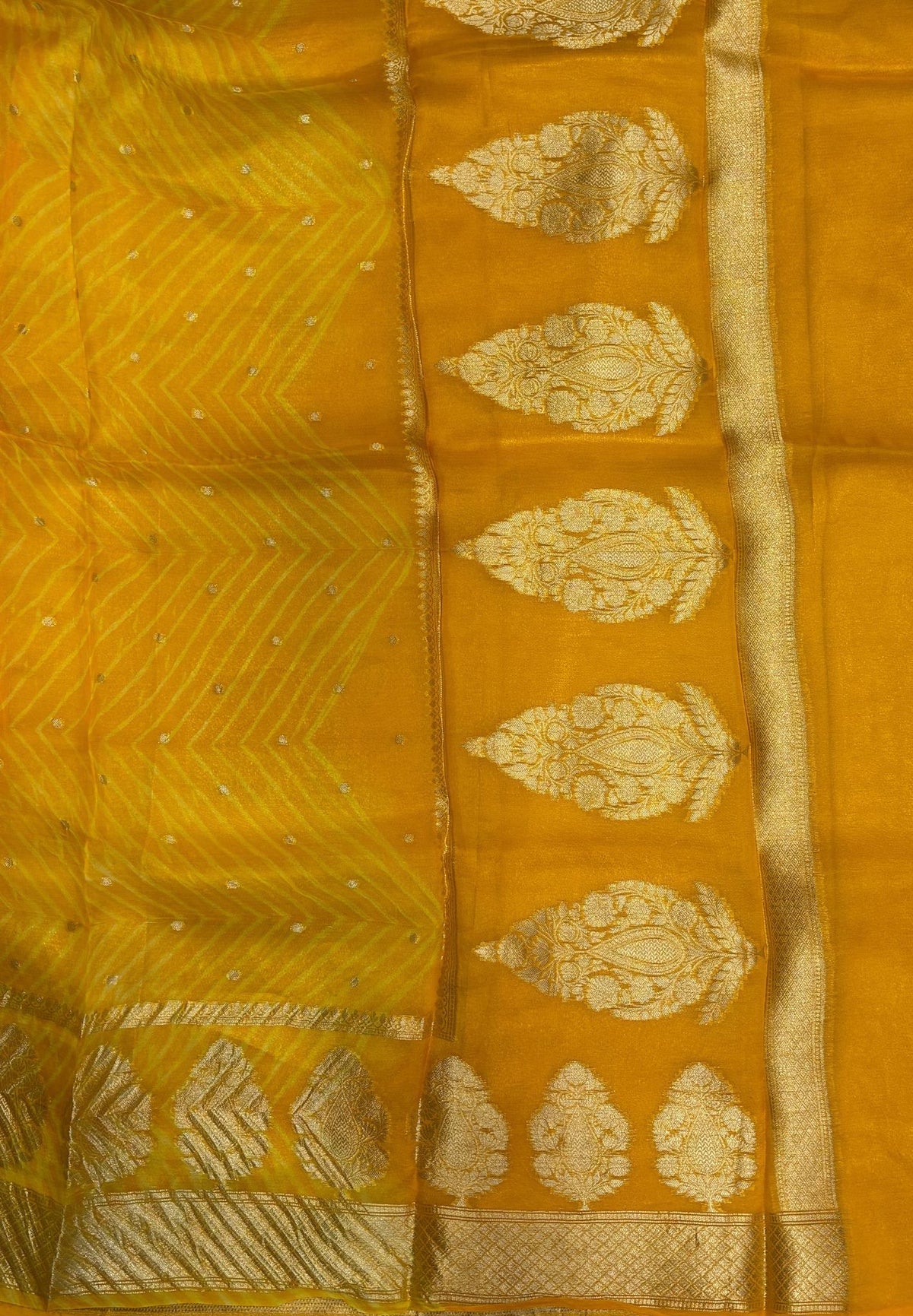 Pure Organza Tussar Saree-Yellow In Paisley Leaf Zari Border With Partly Pallu