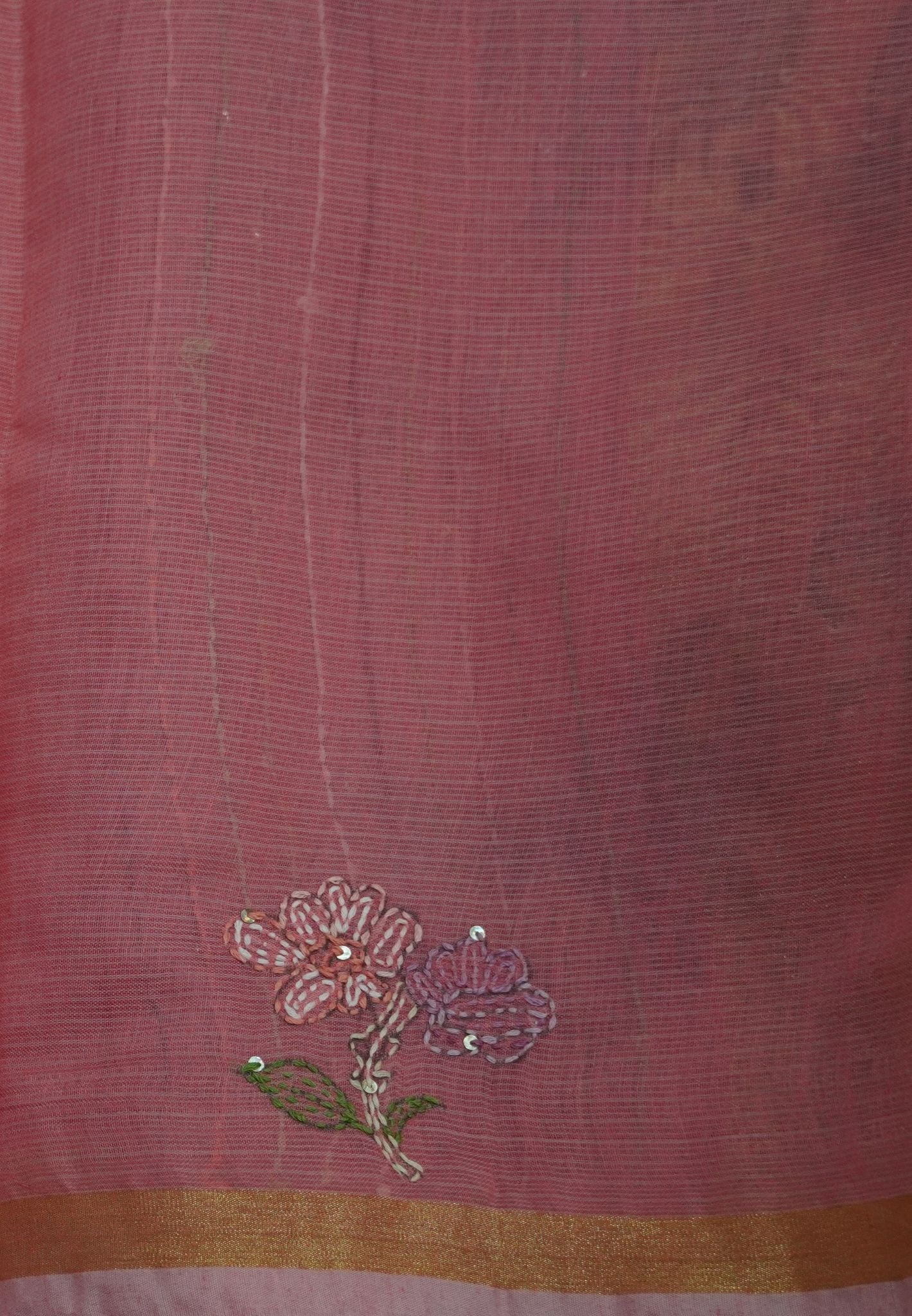 Kota Saree with Bird Embroidery Work - Peach