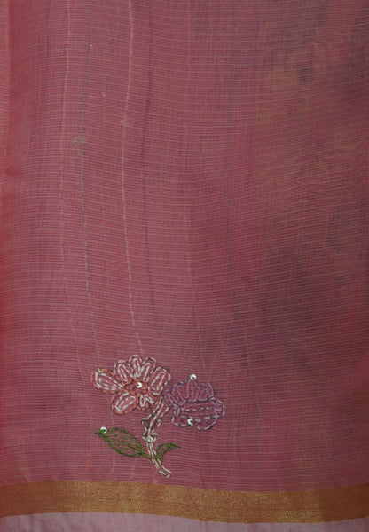 Kota Saree with Bird Embroidery Work - Peach