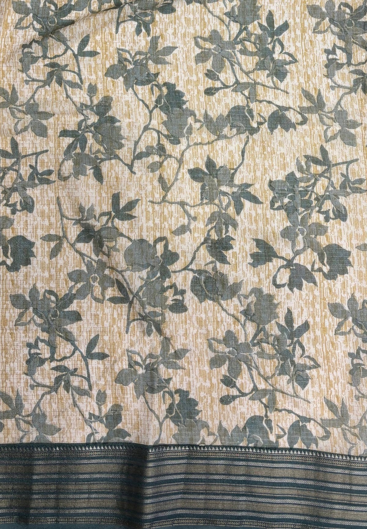 Muslin Tussar Saree-Blue In Floral Vine Border