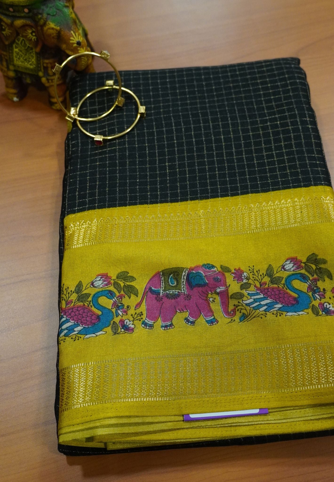 Chiffon Saree - Checks Black - Lime Green