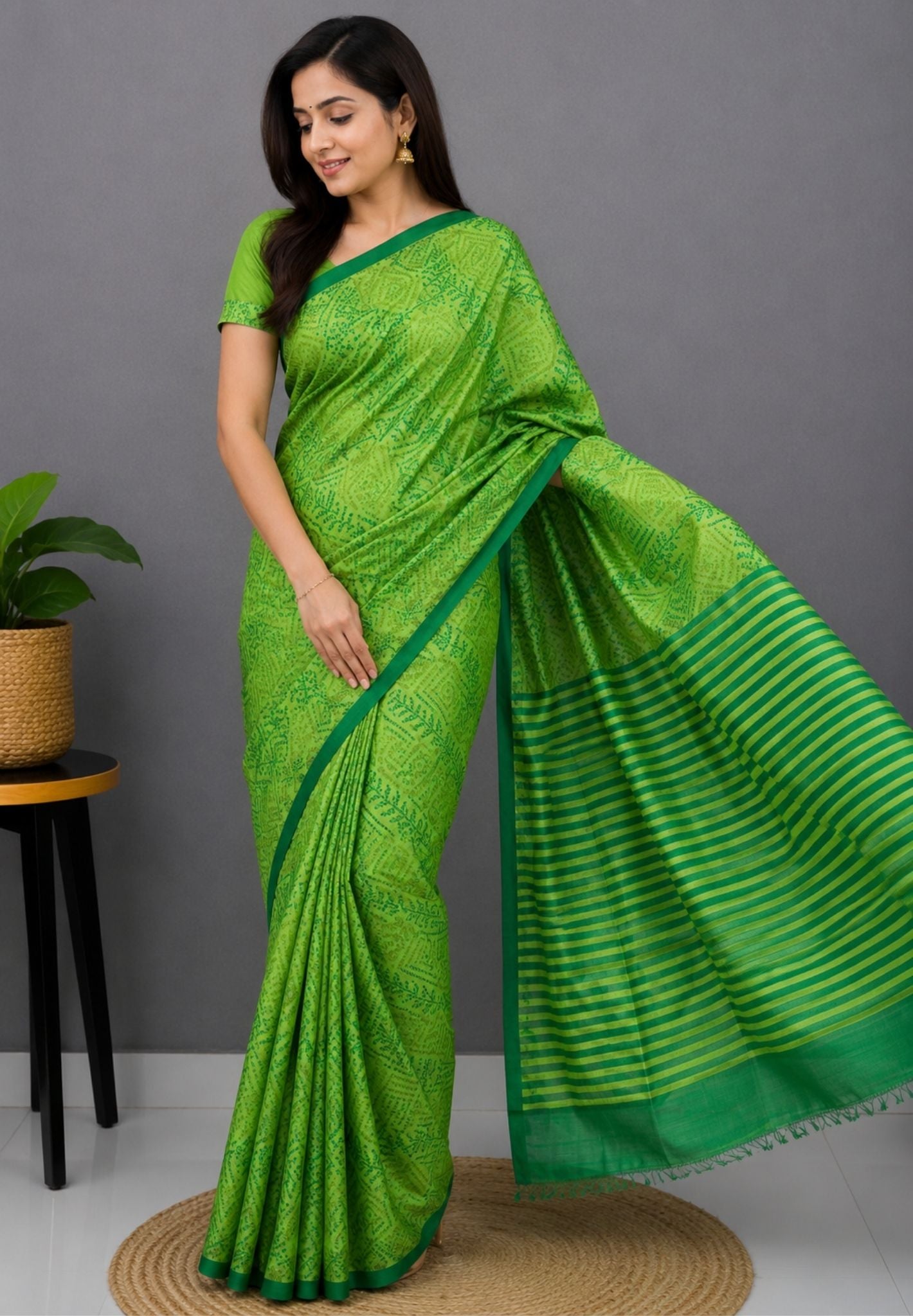 Pure Tussar Saree-Parrot Green with Bandhini Pattern