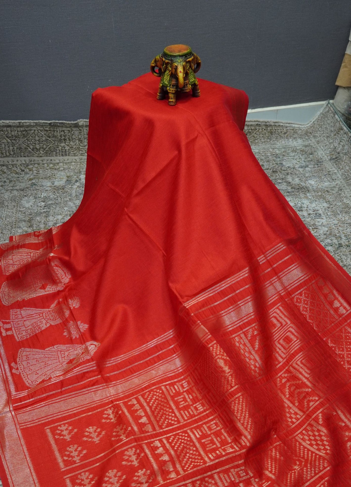Semi Raw Silk Saree - Red with Doll Zari