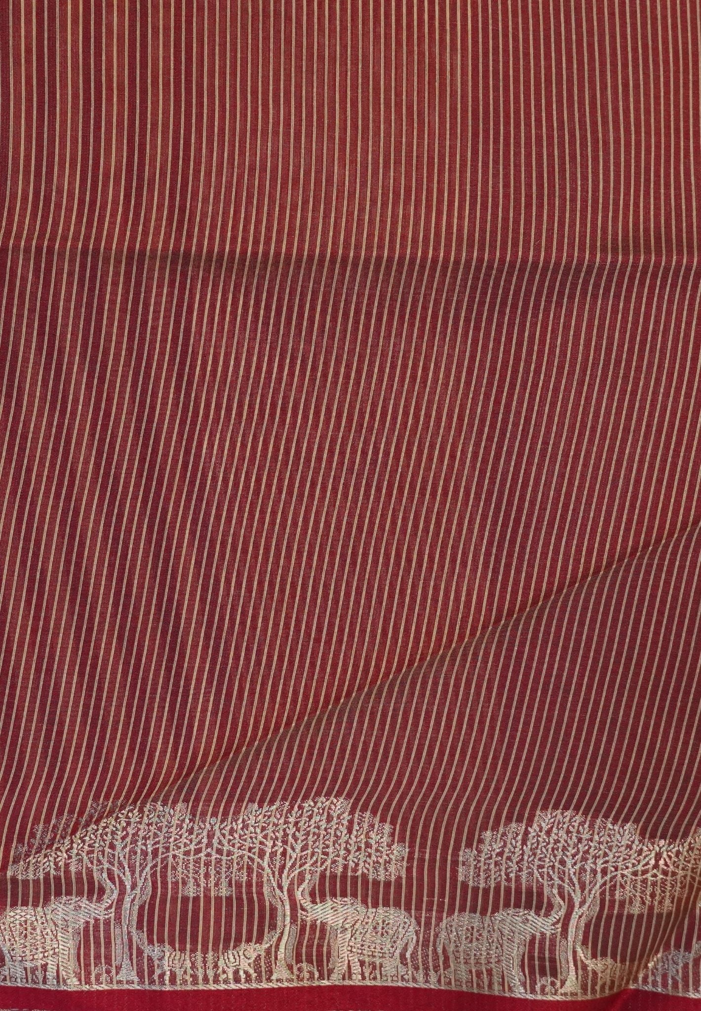 Raw Silk Saree-With Tree and Elephant-Sandal