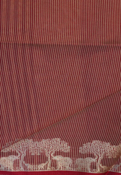 Raw Silk Saree-With Tree and Elephant-Sandal