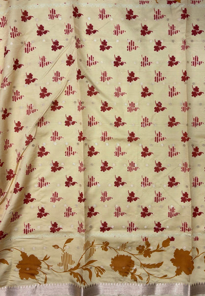 Soft Tussar Saree-Mustard In Hibiscus Floral Border