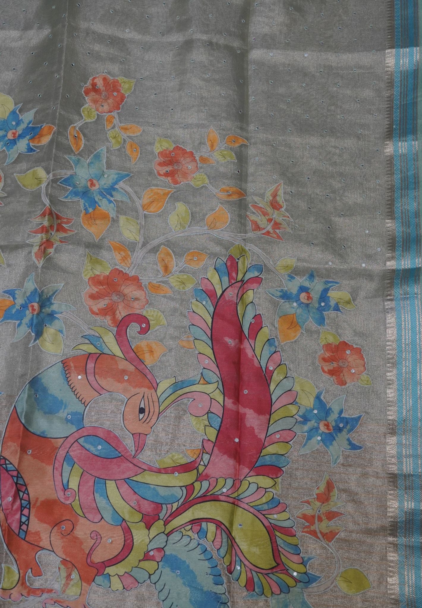 Silk Kota Saree- Blue With Mirror and Applique Work in Pallu