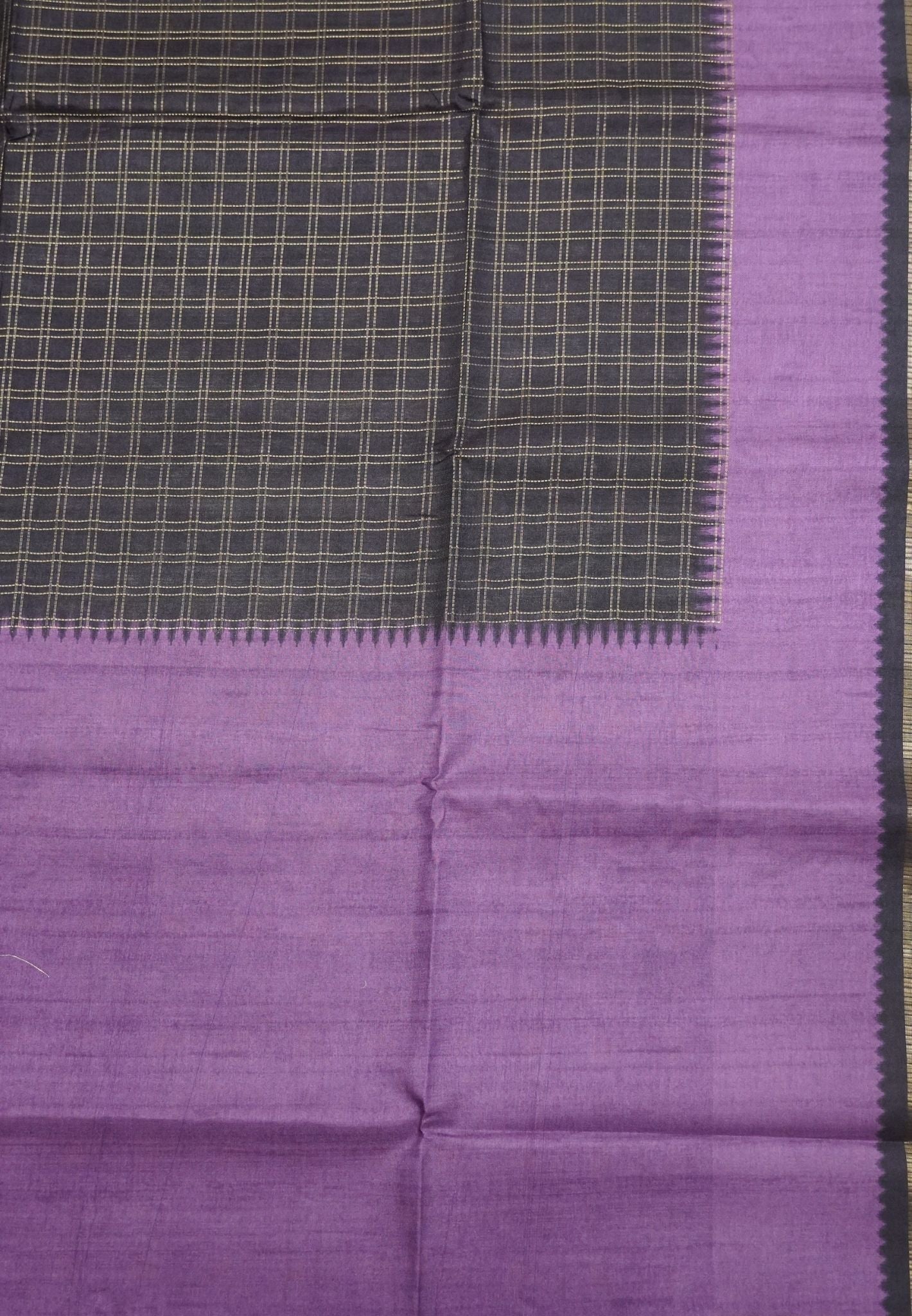 Semi Matka Tussar Saree-Dark Purple with Contrast Border and Zari Checks