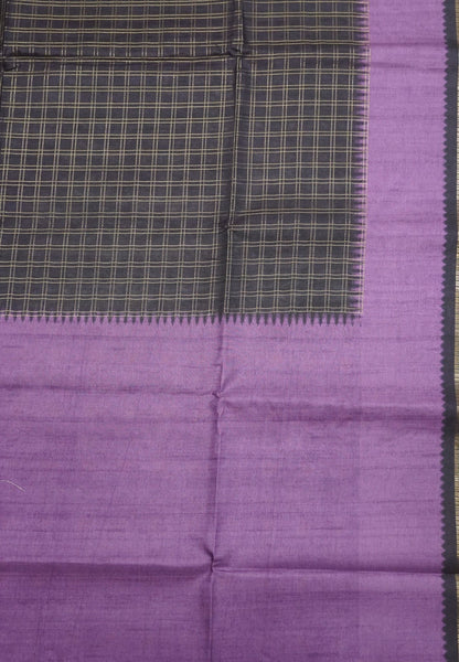 Semi Matka Tussar Saree-Dark Purple with Contrast Border and Zari Checks