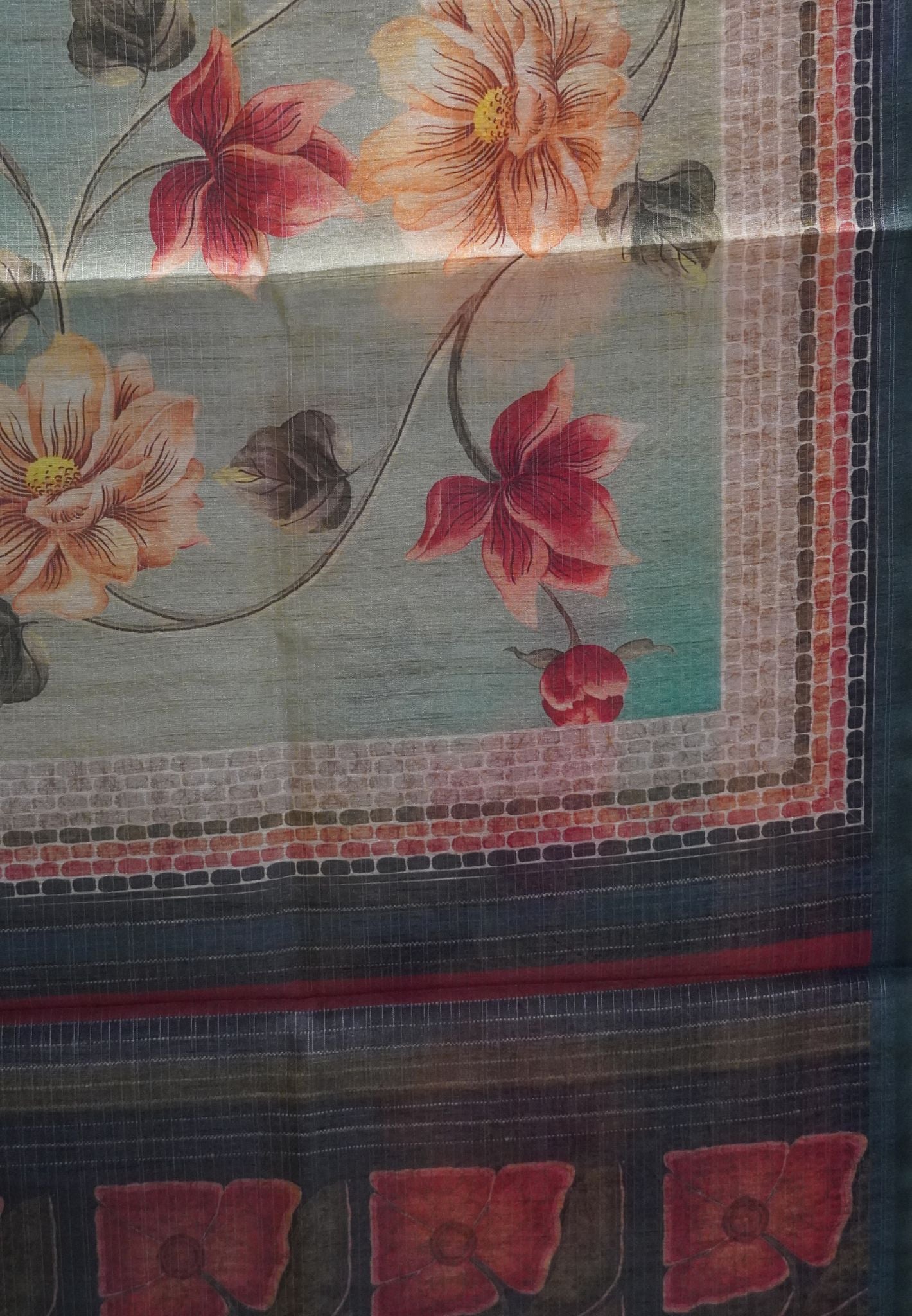 Bhagalpur Tussar  - Floral Pattern Green