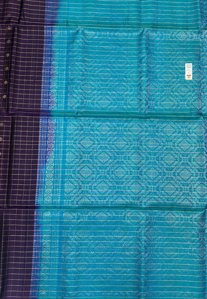 Pure Kanchipuram Silk Saree-Wine with Ramar Blue in Zari Checks