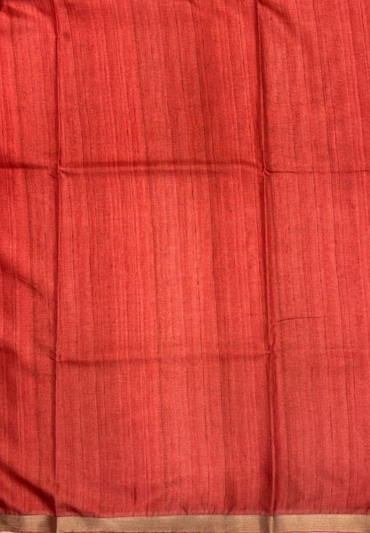Semi Tussar Coral Saree-Red In Kalamkari Peacock Border